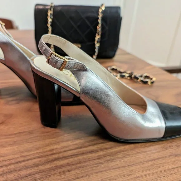 Vintage Chanel Silver Cap Toe Slingback Block Heel Pumps, Sz 36 - Picture 6 of 10